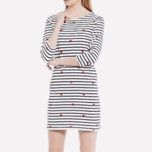 Joules Riviera T-shirt dress stripped with red hearts & three-quarter sleeve.